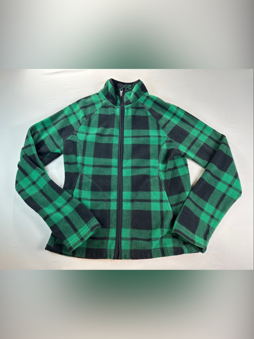 Merona Full Zip Green Black Plaid Fleece Jacket XS Mock Neck
